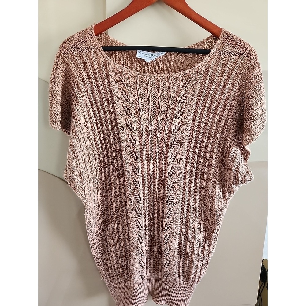 Vintage Christian Dior Separates Knit Top Sweater L Beige Tan Openwork Paris-USA